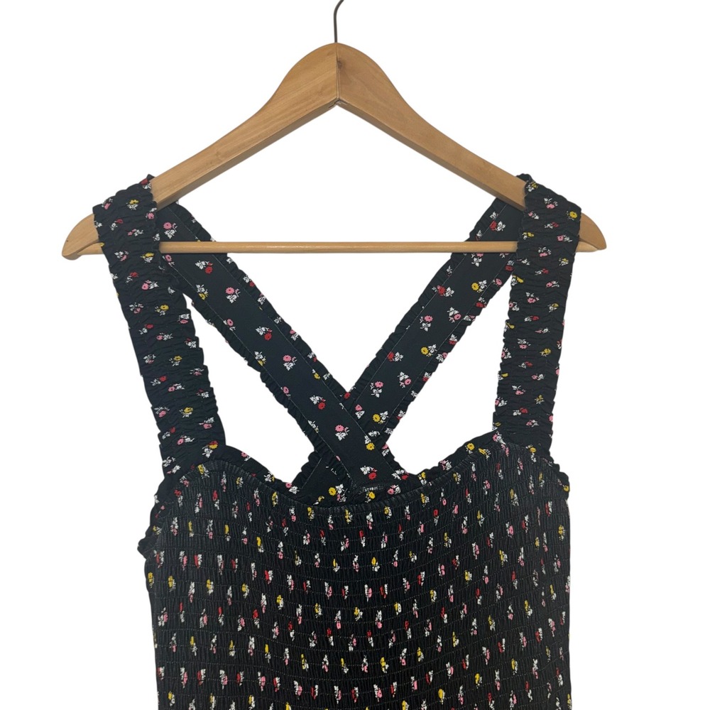 Boden Black Floral Smocked‎ Midi Dress Square Neck Cross Back Feminine 14R - Picture 5 of 9